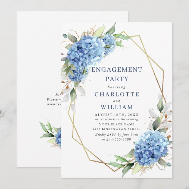 Elegant Watercolor Blue Hydrangea ENGAGEMENT PARTY Invitation (Front/Back)