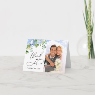 Elegant Watercolor Blue Hydrangea Floral Photo Letterpress Thank You Card