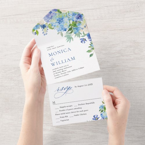 Elegant Watercolor Blue Hydrangea Floral Wedding All In One Invitation