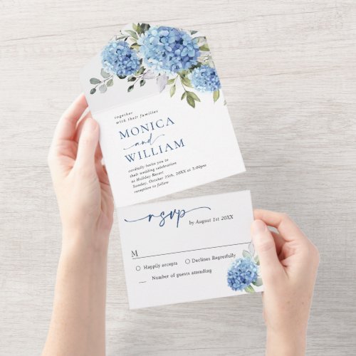 Elegant Watercolor Blue Hydrangea Floral Wedding All In One Invitation