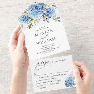 Elegant Watercolor Blue Hydrangea Floral Wedding All In One Invitation