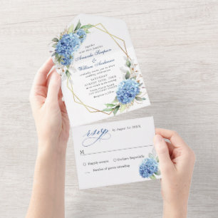 Elegant Watercolor Blue Hydrangea Floral Wedding All In One Invitation