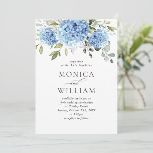 Elegant Watercolor Blue Hydrangea Floral Wedding Invitation