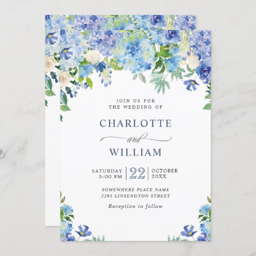 Elegant Watercolor Blue Hydrangea Floral Wedding Invitation