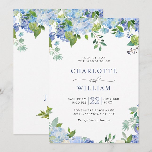Elegant Watercolor Blue Hydrangea Floral Wedding Invitation (Front/Back)