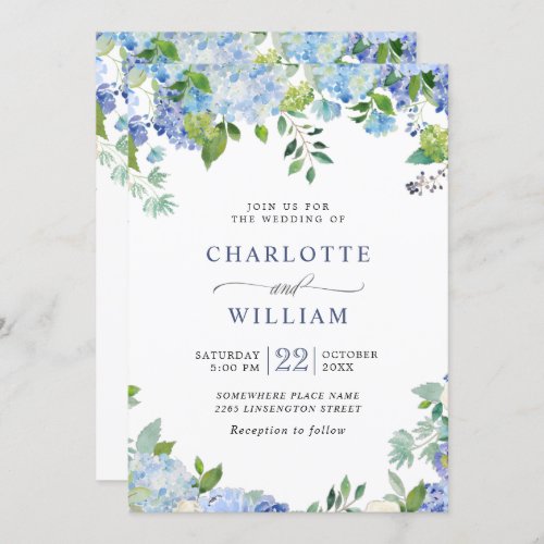 Elegant Watercolor Blue Hydrangea Floral Wedding Invitation