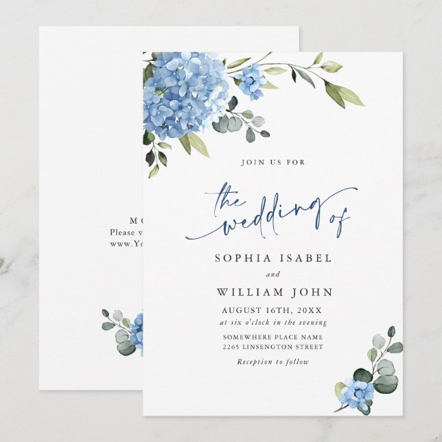 Elegant Watercolor Blue Hydrangea Floral Wedding Invitation (Front/Back)