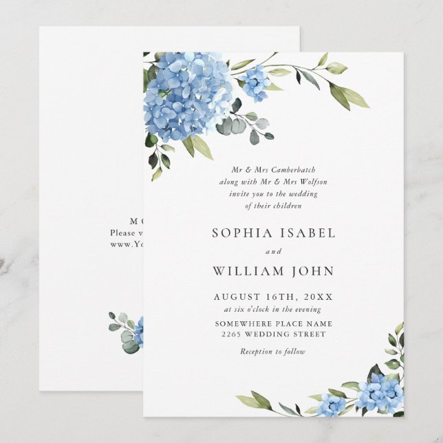 Elegant Watercolor Blue Hydrangea Floral Wedding Invitation (Front/Back)