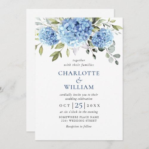 Elegant Watercolor Blue Hydrangea Floral Wedding Invitation