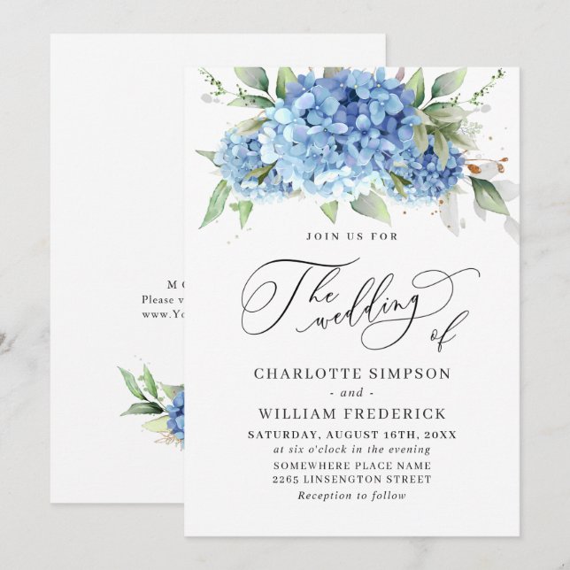 Elegant Watercolor Blue Hydrangea Floral Wedding Invitation (Front/Back)