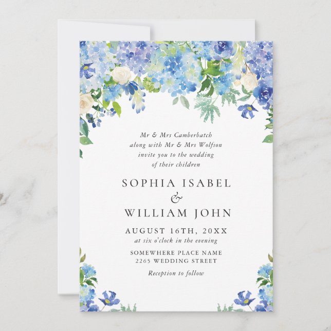 Elegant Watercolor Blue Hydrangea Floral Wedding Invitation (Front)