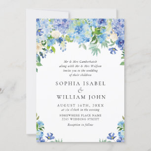 Elegant Watercolor Blue Hydrangea Floral Wedding Invitation