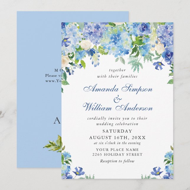 Elegant Watercolor Blue Hydrangea Floral Wedding Invitation (Front/Back)