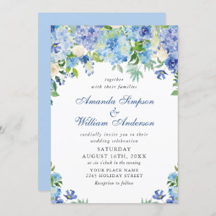 Elegant Watercolor Blue Hydrangea Floral Wedding Invitation