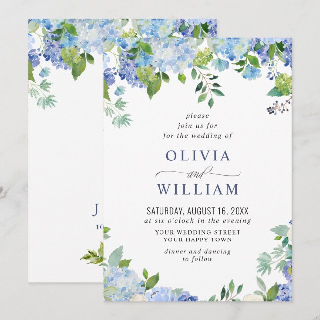 Elegant Watercolor Blue Hydrangea Floral Wedding Invitation (Front/Back)