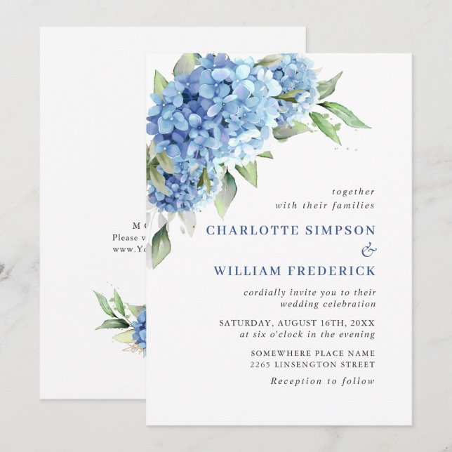 Elegant Watercolor Blue Hydrangea Floral Wedding Invitation (Front/Back)