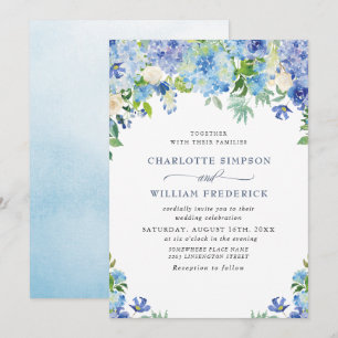 Elegant Watercolor Blue Hydrangea Floral Wedding Invitation
