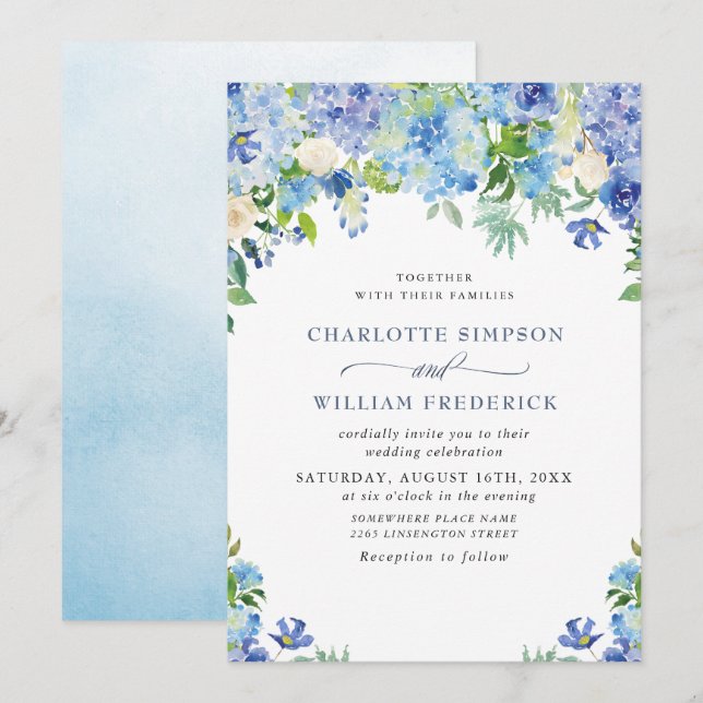 Elegant Watercolor Blue Hydrangea Floral Wedding Invitation (Front/Back)