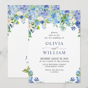 Elegant Watercolor Blue Hydrangea Floral Wedding Invitation