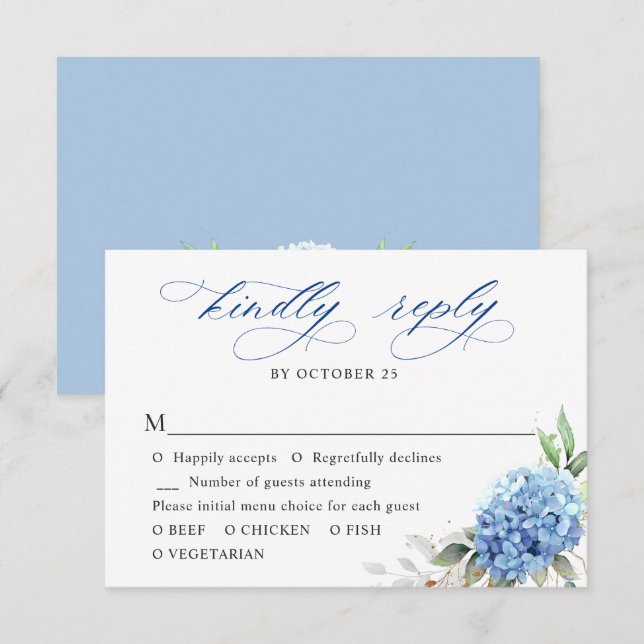 Elegant Watercolor Blue Hydrangea Floral Wedding RSVP Card (Front/Back)