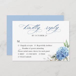 Elegant Watercolor Blue Hydrangea Floral Wedding RSVP Card