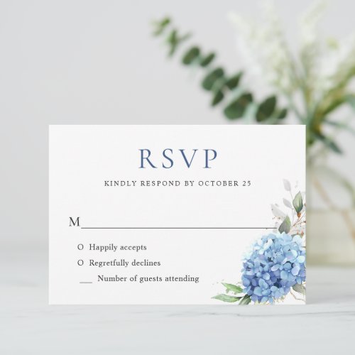 Elegant Watercolor Blue Hydrangea Floral Wedding RSVP Card