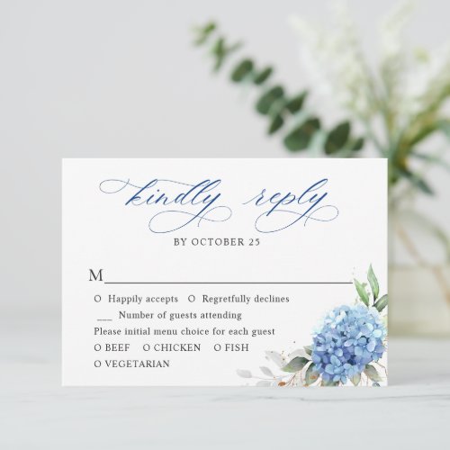 Elegant Watercolor Blue Hydrangea Floral Wedding RSVP Card