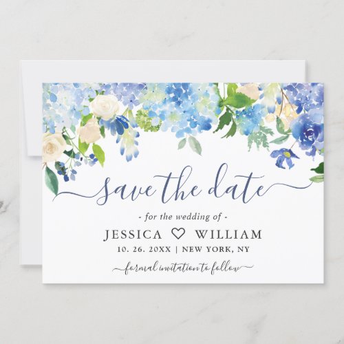 Elegant Watercolor Blue Hydrangea Floral Wedding Save The Date