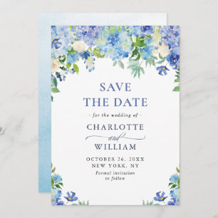Elegant Watercolor Blue Hydrangea Floral Wedding Save The Date