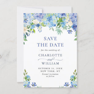 Elegant Watercolor Blue Hydrangea Floral Wedding Save The Date