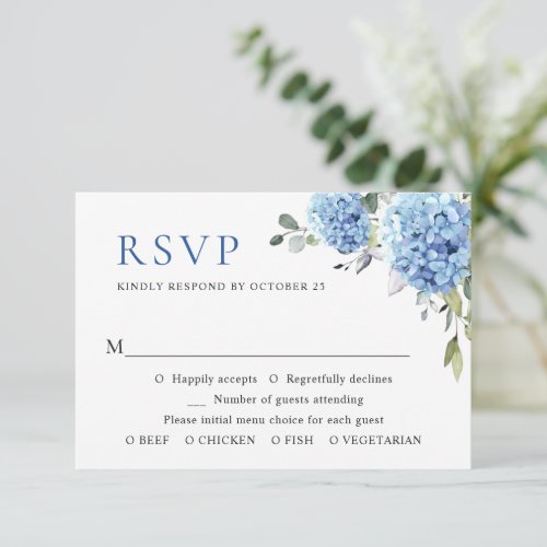 Elegant Watercolor Blue Hydrangea Flowers Wedding RSVP Card