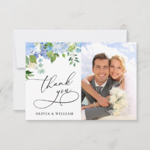 Elegant Watercolor Blue Hydrangea Photo Thank You Card