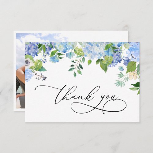 Elegant Watercolor Blue Hydrangea Photo Thank You Card