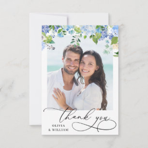 Elegant Watercolor Blue Hydrangea Photo Thank You Card