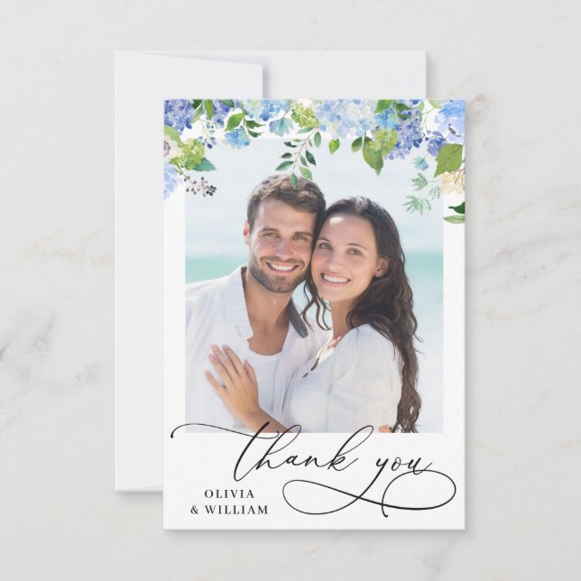 Elegant Watercolor Blue Hydrangea Photo Thank You Card (Front)