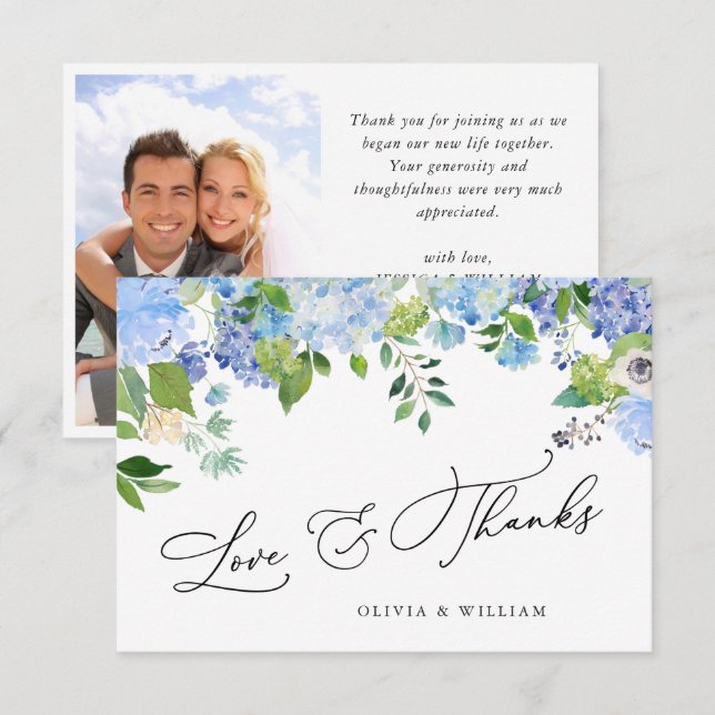 Elegant Watercolor Blue Hydrangea Photo Thank You Card (Front/Back)