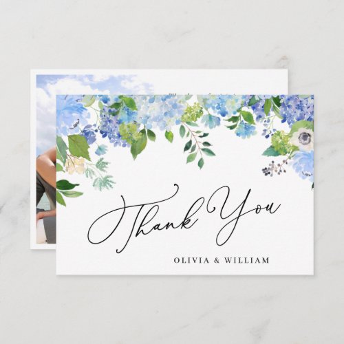 Elegant Watercolor Blue Hydrangea Photo Thank You Card