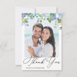 Elegant Watercolor Blue Hydrangea Photo Thank You Card