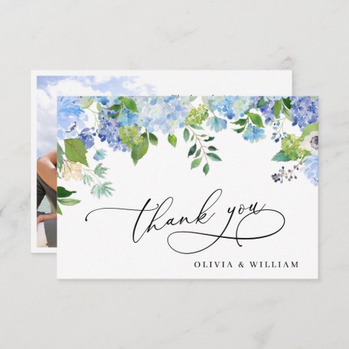 Elegant Watercolor Blue Hydrangea Photo Thank You Card