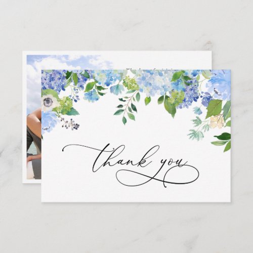 Elegant Watercolor Blue Hydrangea Photo Thank You Card