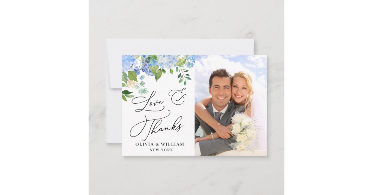 Elegant Watercolor Blue Hydrangea Photo Thank You Card | Zazzle