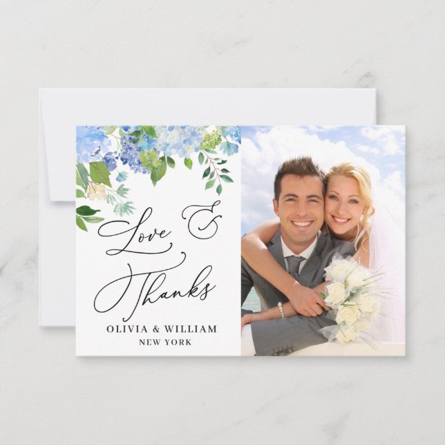 Elegant Watercolor Blue Hydrangea Photo Thank You Card (Front)