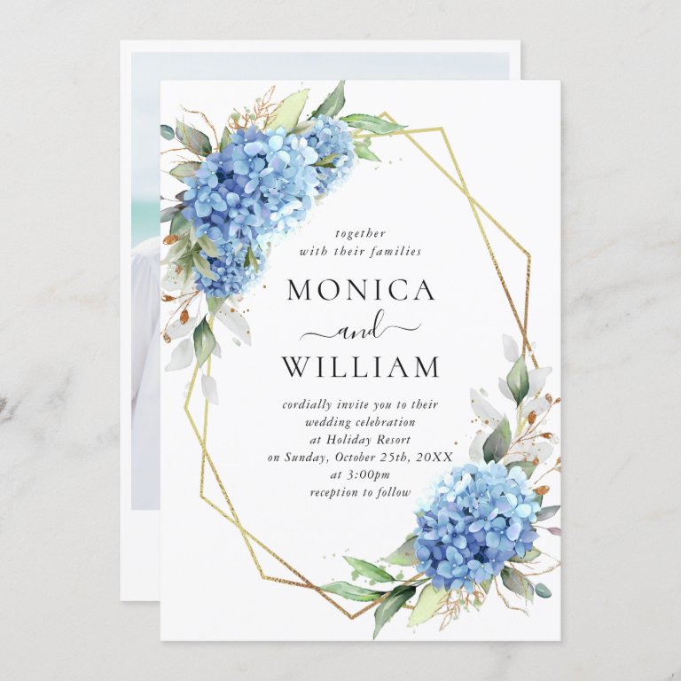 Elegant Watercolor Blue Hydrangea Photo Wedding Invitation