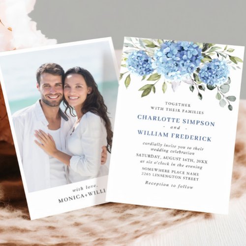 Elegant Watercolor Blue Hydrangea Photo Wedding Invitation