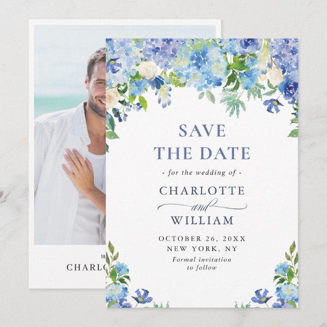 Elegant Watercolor Blue Hydrangea PHOTO Wedding Save The Date (Front/Back)