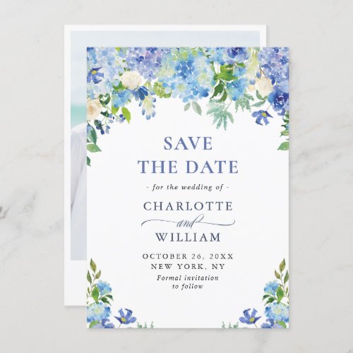 Elegant Watercolor Blue Hydrangea PHOTO Wedding Save The Date