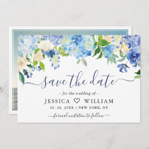 Elegant Watercolor Blue Hydrangea PHOTO Wedding Save The Date