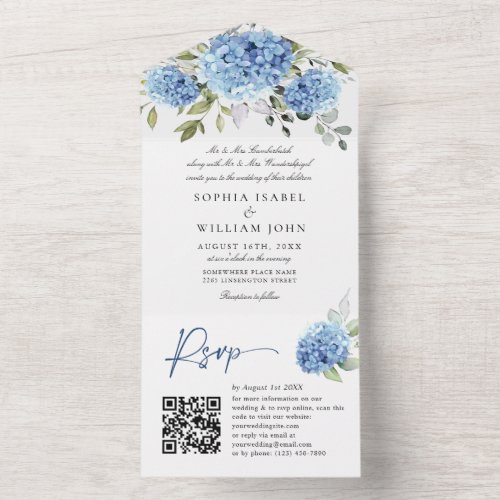 Elegant Watercolor Blue Hydrangea QR code Wedding All In One Invitation