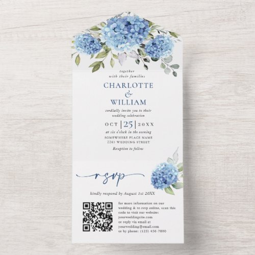 Elegant Watercolor Blue Hydrangea QR code Wedding All In One Invitation
