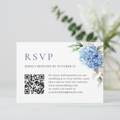 Elegant Watercolor Blue Hydrangea QR code Wedding RSVP Card